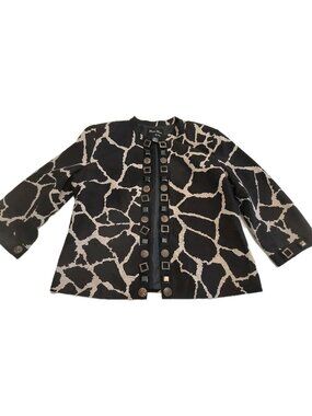 Classic Trenz Jacket Women XL Black Silk Blend Giraffe Print Embellished Trim